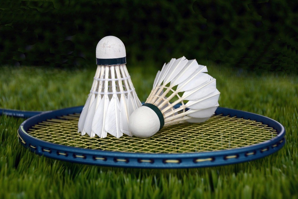 A racket resting on the grass with two shuttlecocks on its strings